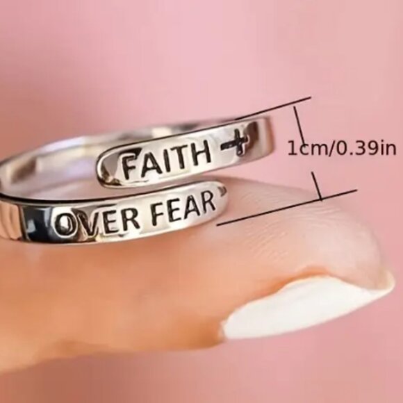 "FAITH OVER FEAR" Sterling Silver Cross Adjustable Ring - Picture 3 of 3